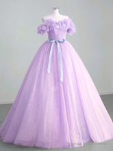 A-Line Off Shoulder Tulle Lavender Long Prom Dresses